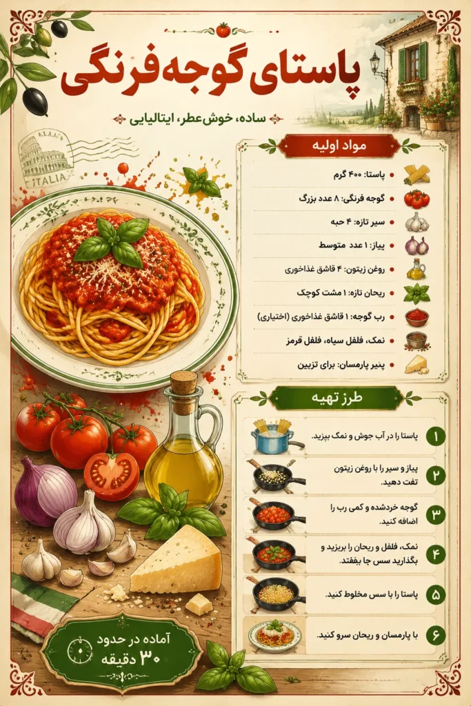 اینفوگرافیک دستور پخت پاستا گوجه فرنگی ایتالیایی