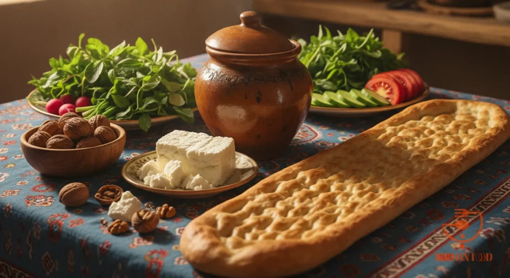 پنیر کوزه ای در کنار نان سنگک و سبزی و گردو