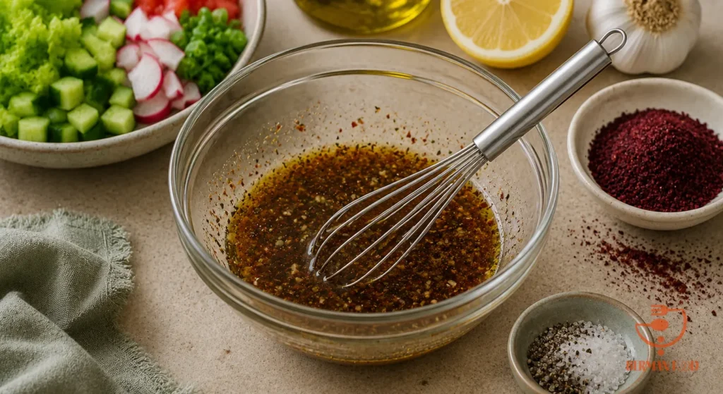 تصویر تهیه سس مخصوص سالاد فتوش با روغن زیتون، آب لیمو، سماق، سیر، نمک و فلفل.