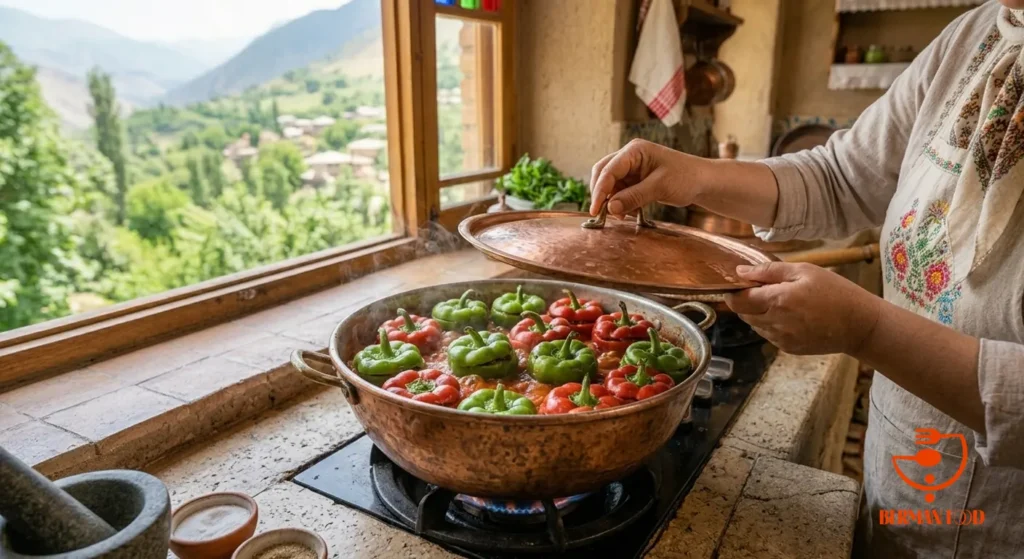 فلفل ها را به صورت ایستاده در یک قابلمه مناسب بچینید. مقداری سس شامل آب، کمی رب گوجه، نمک، فلفل و چاشنی دلخواه (آبلیمو یا سرکه) درست کنید و تا نیمه ارتفاع فلفل ها داخل قابلمه بریزید. درب قابلمه را بگذارید و با حرارت ملایم اجازه دهید حدود یک ساعت بپزد تا فلفل ها نرم و طعم مواد به خورد هم برود.