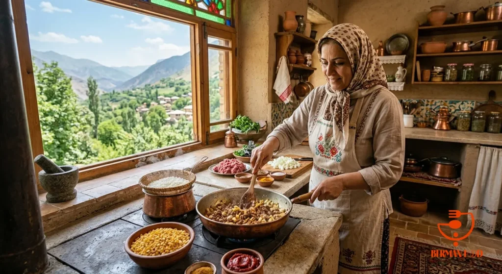 ابتدا برنج را با کمی آب و نمک نیم پز کنید تا مغزش کمی نرم شود، سپس آبکش کنید. لپه ها را هم از قبل بپزید تا کاملا نرم شوند اما له نشوند. پیاز را نگینی خرد کرده و در تابه تفت دهید تا سبک شود. گوشت چرخ کرده را به پیاز اضافه کرده، ادویه ها و زردچوبه را بزنید و تفت دهید تا رنگ گوشت تغییر کند. در نهایت رب گوجه فرنگی را اضافه کنید تا کمی تفت بخورد و رنگ باز کند.