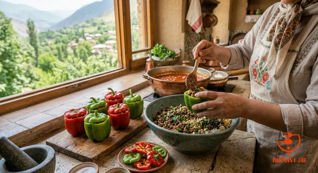 سر فلفل دلمه ای ها را به صورت درپوش جدا کنید و داخل آن ها را کاملا خالی کنید. مواد میانی را داخل فلفل ها بریزید. دقت کنید که فلفل ها را تا لبه پر نکنید، چون برنج حین پخت منبسط می شود و ممکن است فلفل ها بترکند. درپوش فلفل ها را سر جایشان بگذارید.