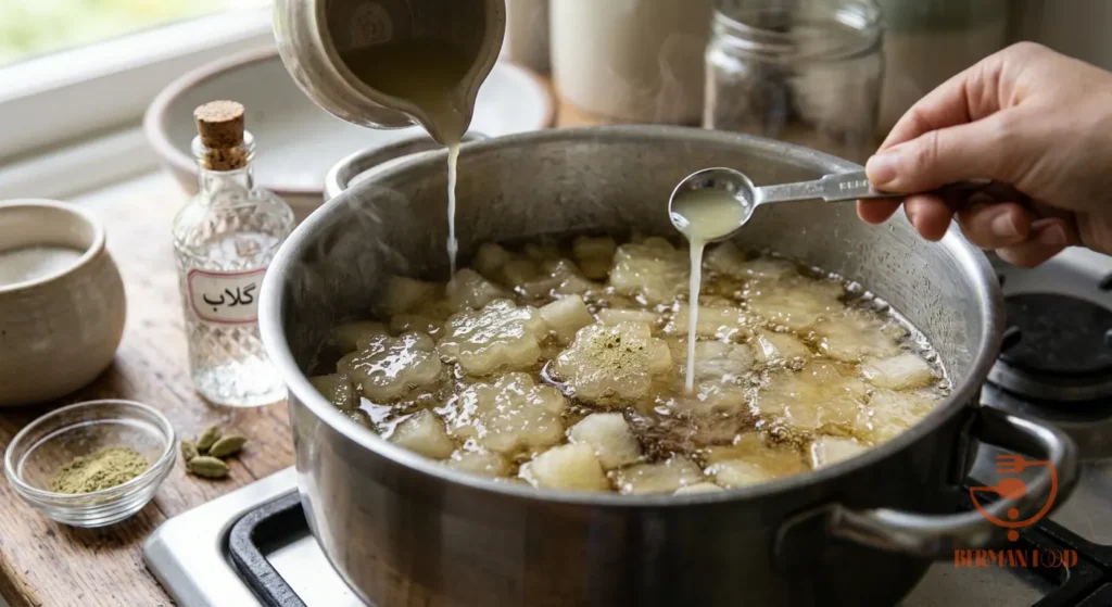 adding-rosewater-cardamom-lemon-juice-jam